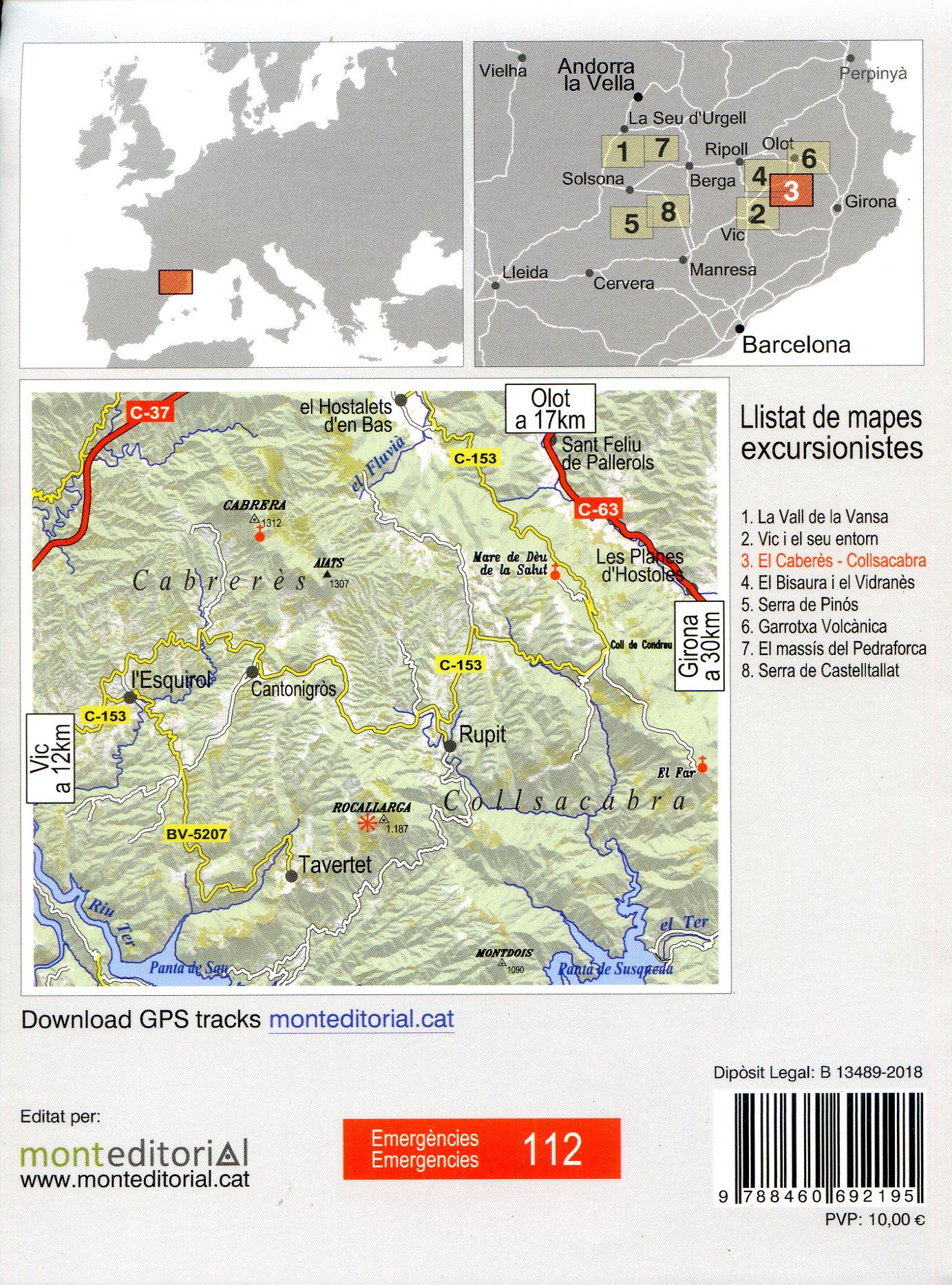 Cabrerès - Collsacabra, El : Mapa excursionista · Outdoors map : Excursions des de les cingleres de Tavertet a la cinglera del Far, serra de Cabrera i Aiats, pla de Falgars i la Salut - Miniatura 2